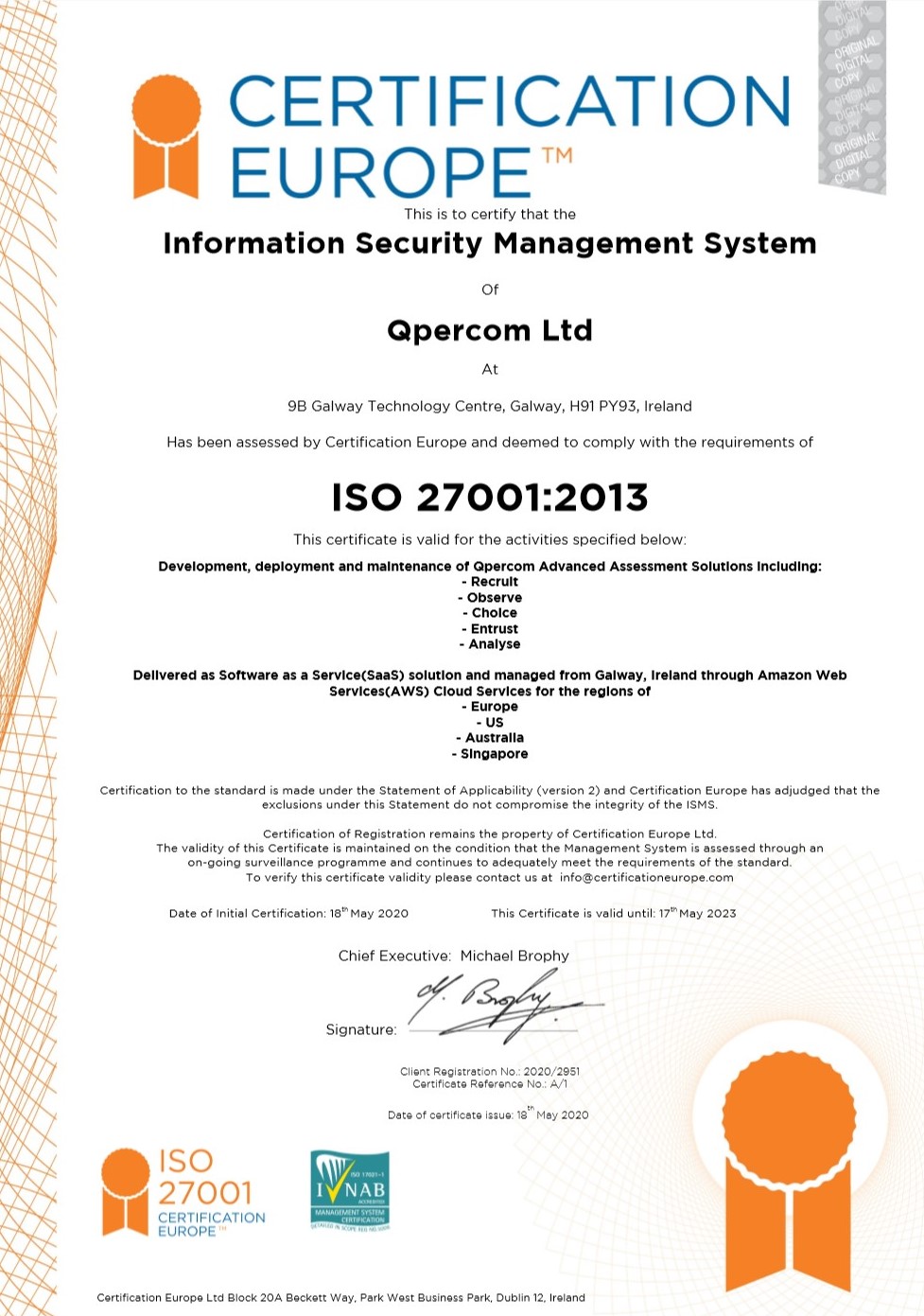 Qpercom ISO 27001 Certificate Image